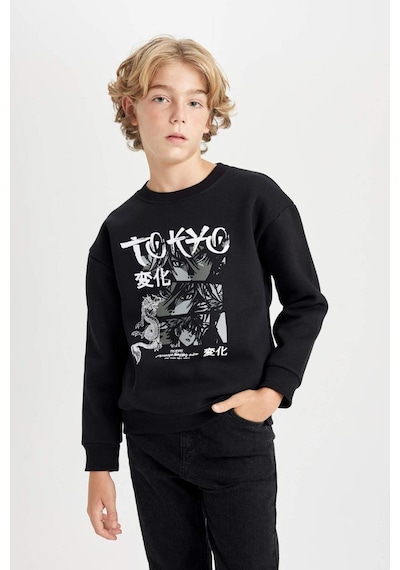 DeFacto Erkek Çocuk Siyah Oversize Geniş Kalıp Bisiklet Yaka Baskılı Sweatshirt D5680A824WNBK81