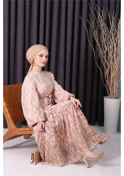 Neşeli Butik Kadın Şifon Eteği Fırfırlı Desenli Tesettür Elbise Sms008 Bej
