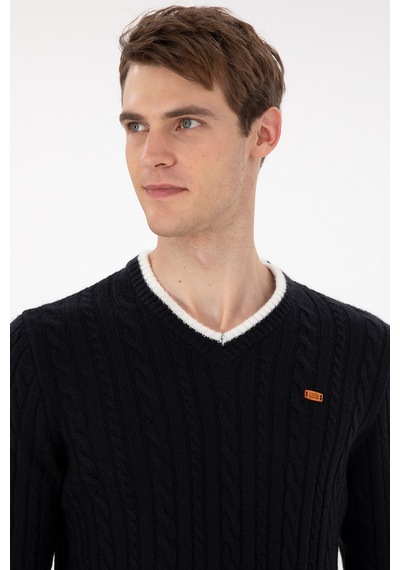 U.S. Polo Assn. Erkek Regular Fit V Yaka Lacivert Yaka Detaylı Kazak 50297083-VR033
