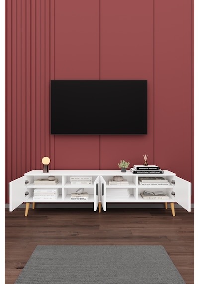 Asra Trend Tv Ünitesi T-01 %100 MDF 160 cm Tv Sehpası 4 Kapaklı Raflı Beyaz