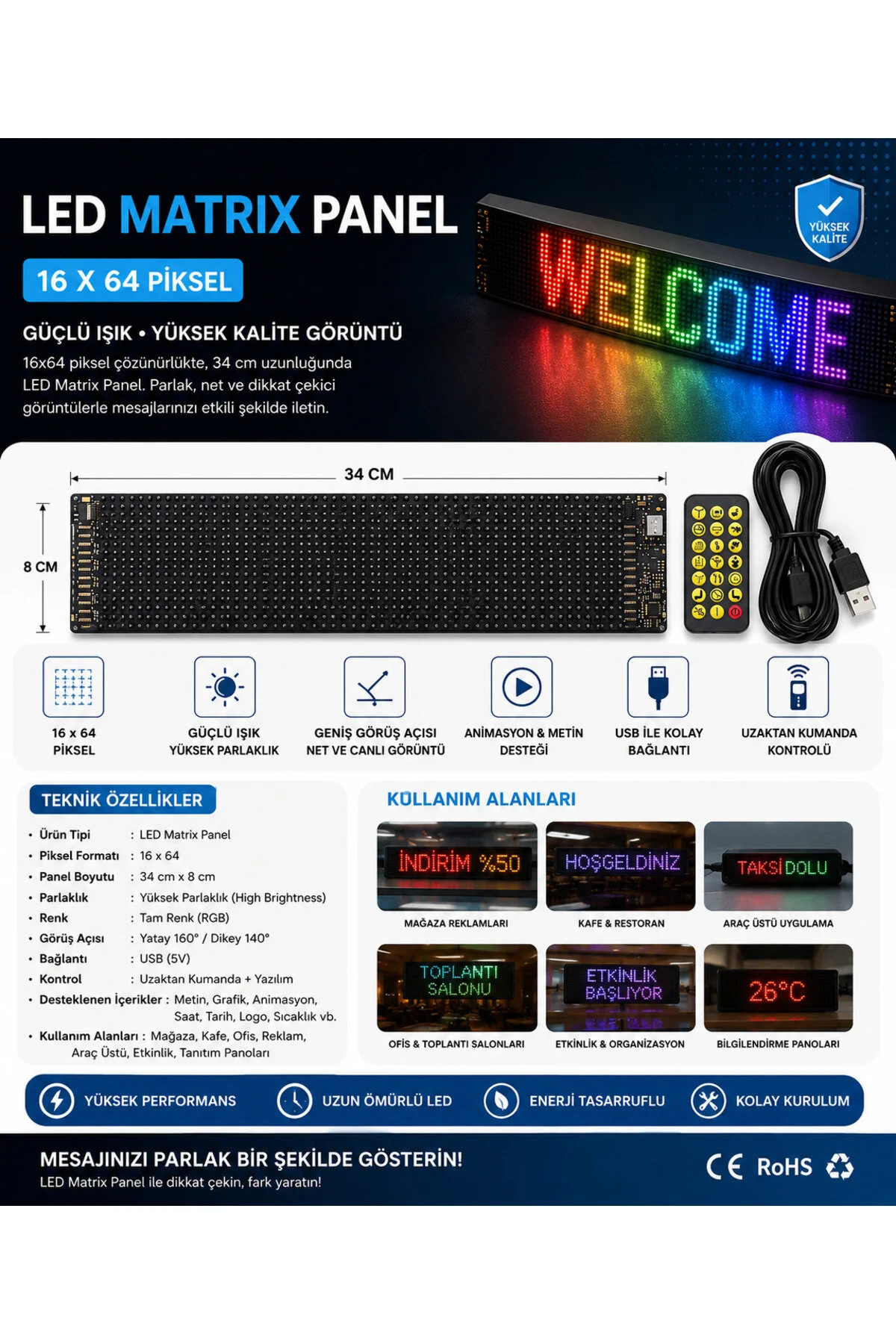 Led Ekran Matrix Panel Ön Cam 16x64 34cm Yazı
