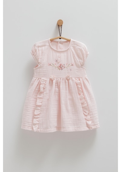 Kıpırık Baby Kız Bebek Müslin Elbise Pembe Çiçek İşlemeli Eteği Fırfırlı-1281 Pembe