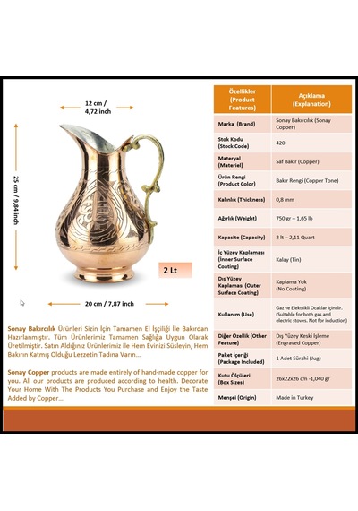 Ağır İşlemeli Keski Kırmızı Bakır Sürahi