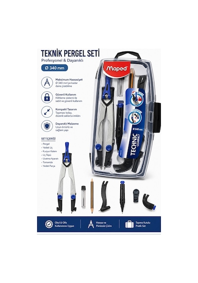Metal Pergel Seti 7 Parça 1 Paket Maped Technic Compact Profesyonel Pergel Çizim Proje Matematik Mimari Çizim Seti