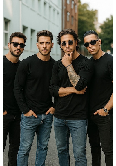 Rich Erkek Siyah 4'lü Paket Basic Uzun Kollu Tişört Sporcu Body T-shirt Siyah
