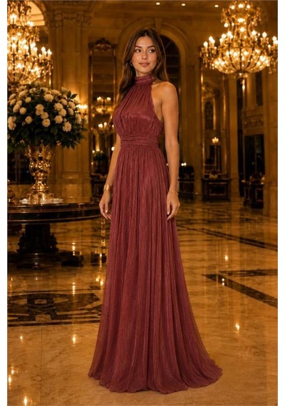 Neşeli Butik Kadın Kiremit Halter Yaka Janjan Kumaş Premium Abiye Elbise Nbmy4128