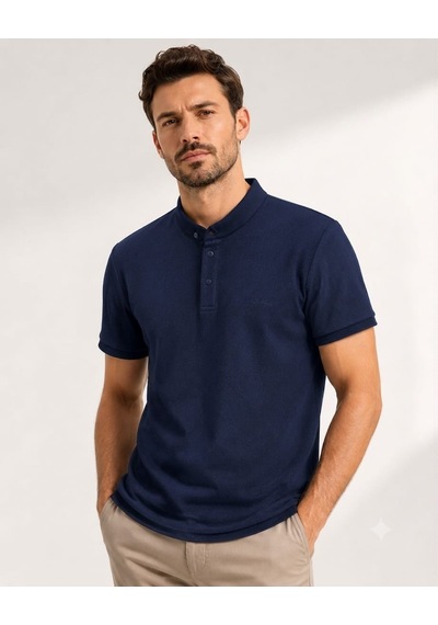 Wiox Polo Yakal Çıtlı Jakarlı Tişört Lacivert