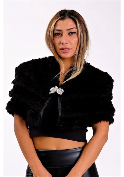 Veraura Lifestyle Siyah Kat Kat Broşlu Kürk Etol Bolero