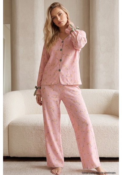 Siyah İnci Desenli Bürümcük-krınkıl Kurdele Detaylı Düğmeli Hırka Pijama Takım 26223921 Somon Çiçek
