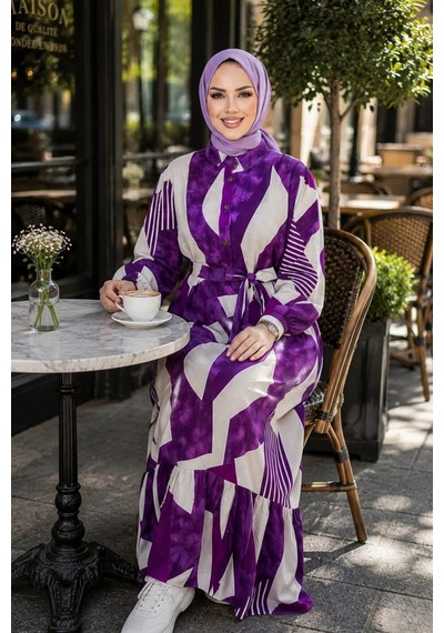 Hb Harma Time Butik Kadın Kuşaklı Viskon Kumaş Tesettür Mor Elbise