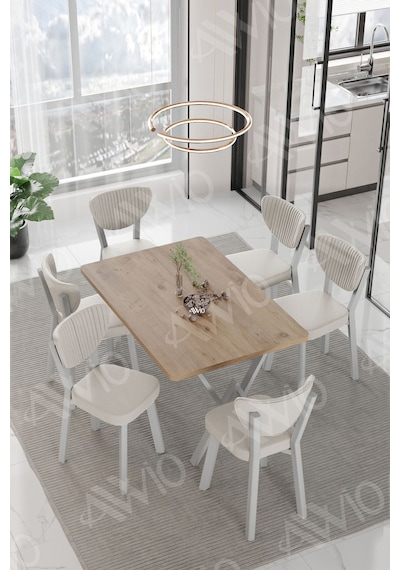 Avvio Lidyana Elma Sandalye 80x140 Yemek Masası Mutfak Masası 6 Kişilik Masa Sandalye Takım Akça