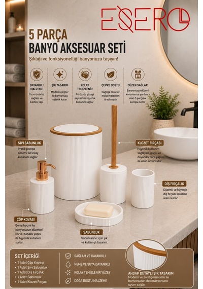 5'li Banyo Aksesuar Seti Lüks Beyaz Banyo Takımı Çöp Kovası Klozet Fırçası Diş Fırçalık Sabunluk