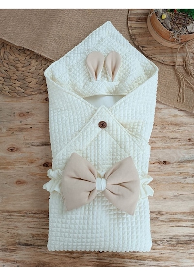 Ekru & Tavşan Kulaklı Bebek Battaniyesi - %100 Pamuklu Mevsimlik Bebek Kundağı Ekru