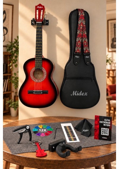 Midex Cg-36rd-pak Kaliteli 36 İnç 3/4 Juniur Çocuk Gitarı 8-12 Yaş Arası Tuner Çanta Capo Askı Nota Sticker Pena Metod