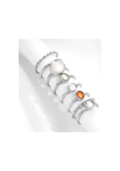 Bliss Silver Gümüş Renk Kristal Taşlı Şık Modern Bohem 8 Parça Yüzük Seti -14 Şubat Sevgiliye Hediye
