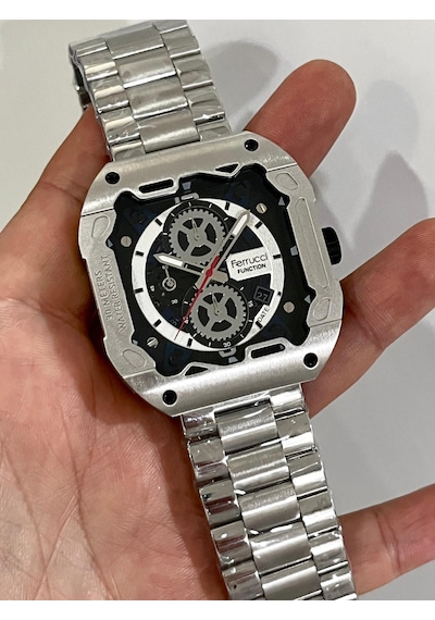 Ferrucci Kare Kadran Silver Renk Fonksiyonları Aktif Takvimli 45mm Kasa Çap Erkek Kol Saati Gümüş