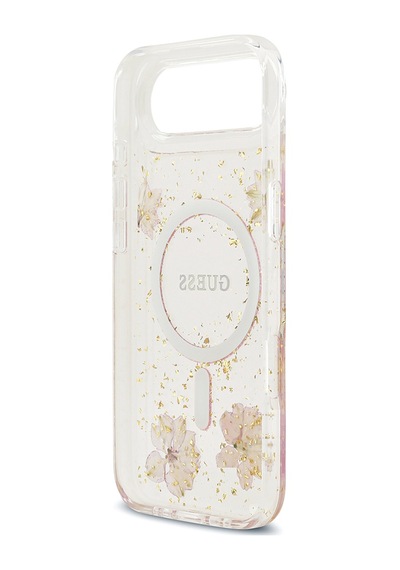 Apple Uyumlu iPhone 17 Air Kılıf Guess Lisanslı M-safe Şarj Özellikli Transparan Resin Flowers Kapak Pembe Pembe