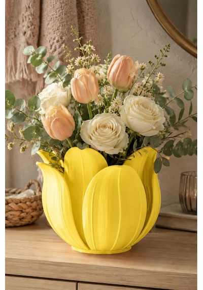 3d Baskı Lotus Yapraklı Vazo - Dekoratif Çiçeklik-sarı Diğer