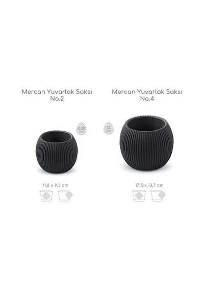 Mercan Yuvarlak Saksı Seti 0,35 Litre + 1,2 Litre, İç Mekan - Dış Mekan 2li Ekonomik Tabaklı Plastik Saksı Set Antrasit Renk