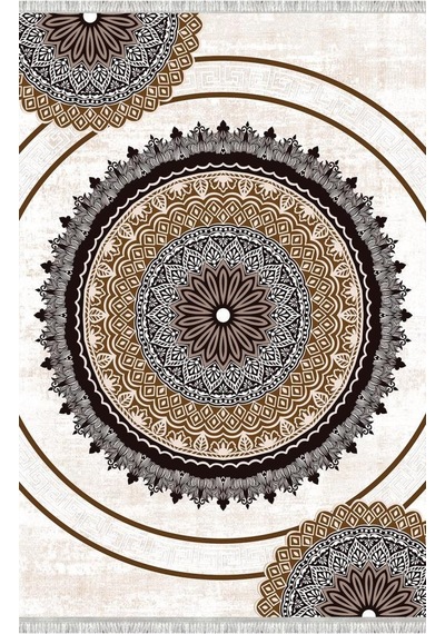 Kahverengi Bej Tonlarda Mandala Desenli Dijital Baskılı Kaymaz Tabanlı Halı Dijital Baskı Halı 7 Mm
