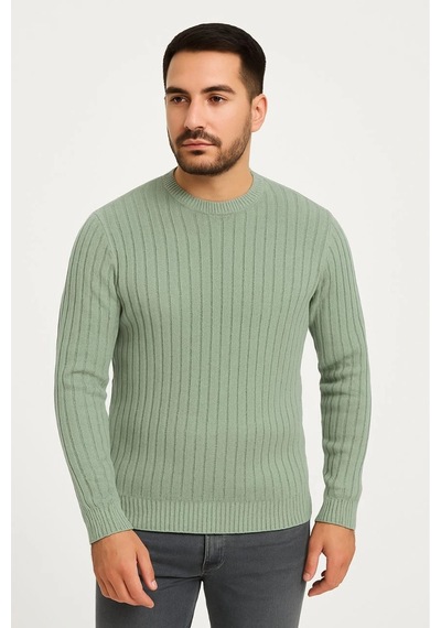 Erkek Bisiklet Yaka Triko Pamuklu Kalın Fitilli Kazak - Mint Yeşili