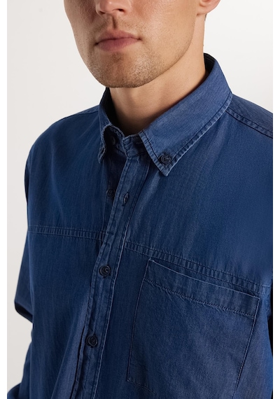 Tudors Regular Fit Rahat Kesim Cepli Denim Düğmeli Yaka Mavi Kot Gömlek-33297 Mavi