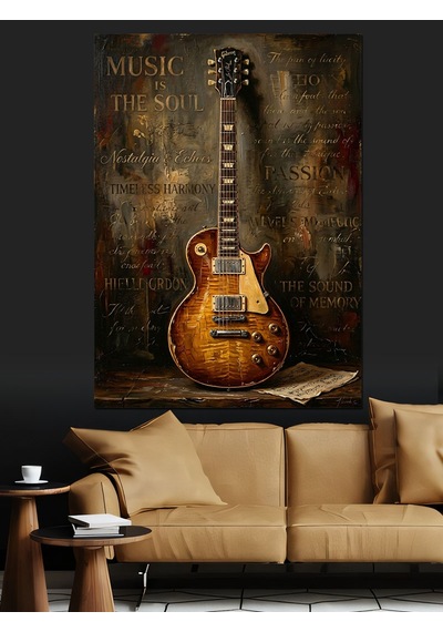 Paslı Duvarda Klasik Elektro Gitar Dekoratif Kanvas - Mdf Ahşap Tablo