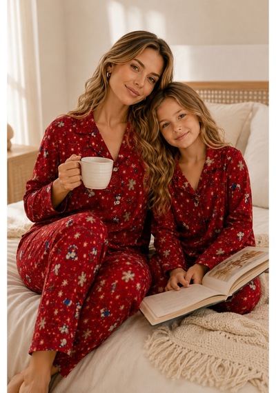 Free Beka Yılbaşı Desenli Uzun Kollu Önden Düğmeli Gömlek Yaka Anne Kız Pijama Takımı Kırmızı
