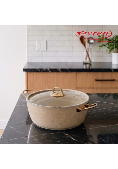 18 Cm Cream Ezme Seri Granit Derin Tencere, Non-stick Derin Tencere 1,6 Lt Gold Çelik Kulp 20 Cm