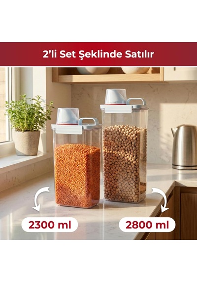 2'li Büyük Boy Saklama Kabı Ölçekli Kapak, Sızdırmaz Erzak Bakliyat Ve Deterjan İçin Çok Amaç Diğer
