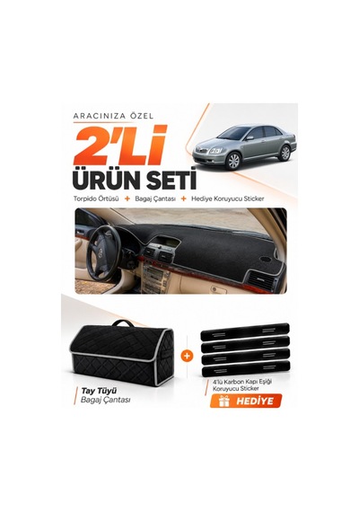 Toyota Avensis Ekranlı T250 2003-2008 Uyumlu Torpido Örtüsü + Tay Tüyü Çanta Seti - Siyah Gri