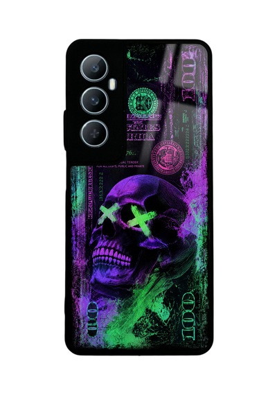 Realme C65 Purple Neon Skull Chaos Tasarımlı Glossy Telefon Kılıfı Mor
