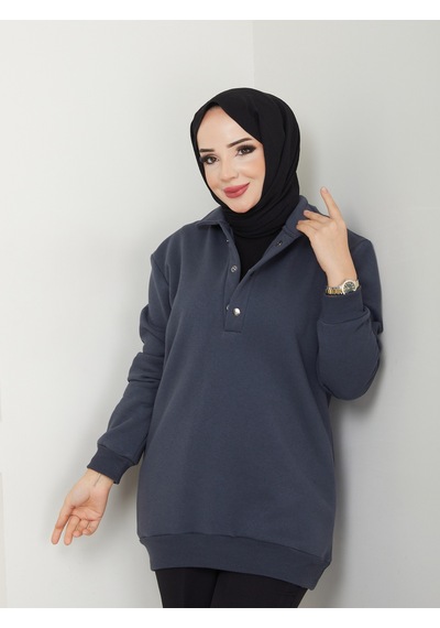 Raika Moda Kapşonlu 3 İplik Büyük Beden Tesettür Sweatshirt Antrasit