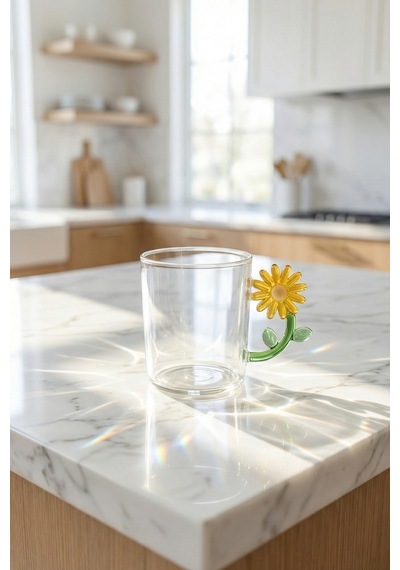 Pureglass Çiçek Kulplu Cam Kupa - 350 Ml Şeffaf