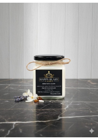 Serenity Glow Amber & Lavanta Kokulu El Yapımı Soya Mumu Happy Blaze Candle Beyaz