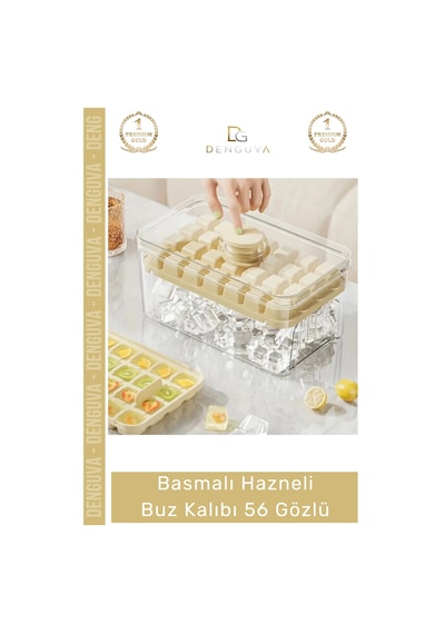 Premium Dayanıklı Bpa İçermeyen Düğmeli Basmalı Çift 56'lı Buz Küpü Kalıbı Kullanışlı Saklama Kutulu Çok Renkli