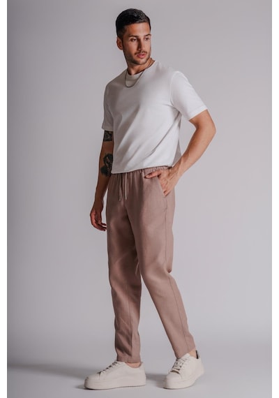 Erkek Yandan Cepli Beli Lastikli Keten Dokulu Relaxed Fit Jogger Pantolon Vizon Vizon