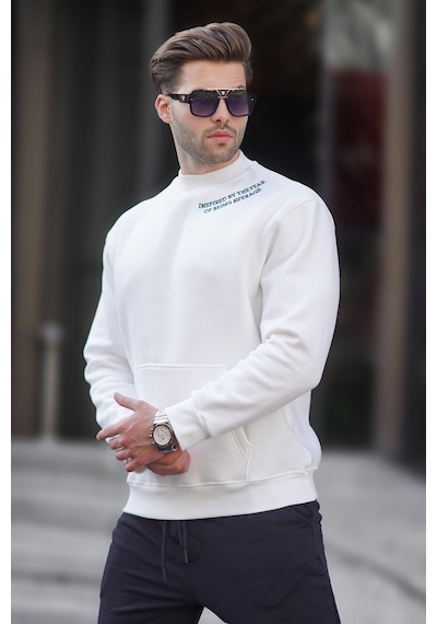 Madmext Ekru Bisiklet Yaka Nakış Detaylı Cepli Erkek Sweatshirt 7049-ekru Ekru