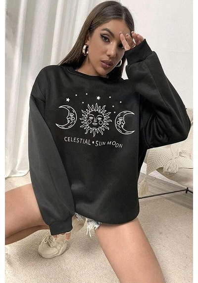 Blackjack Giyim Baskılı Sweatshirt Ay Baskı