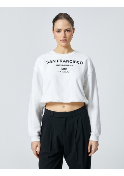 Koton Crop Sweatshirt Baskılı Bisiklet Yaka Pamuklu Beyaz 4sak10207ek Beyaz