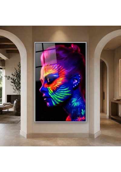 Neon Boyalı Kadın Profili Gümüş Çerçeveli Cam Tablo
