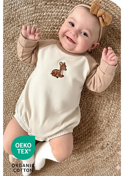 Luppinos Baby Deer Unisex 2li %100 Pamuk Nakışlı İki İplik Alt Üst Takım Bej - Camel