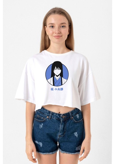 Gintama Anime Kotaro Minimal Beyaz Kadın Crop Tshirt Beyaz