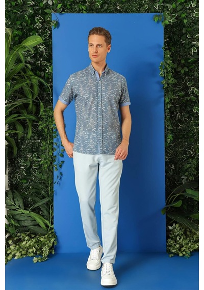 Efor Slim Fit Düğmeli Yaka Desenli Kısa Kol Pamuk Mavi Gömlek G 1499 Mavi