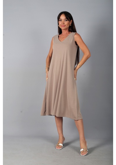 By Saygı Kadın V Yaka Ön Pervazlı Pike Kumaş Kolsuz Oversize Midi Elbise Bej