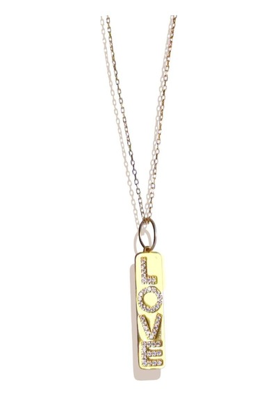 Love Taşlı Plaka Gold Gümüş Kolye Gümüş