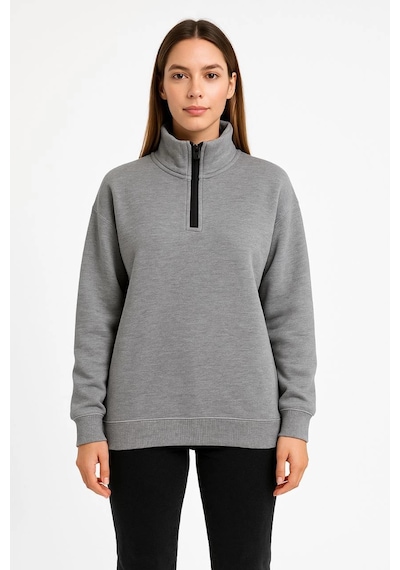 Primemagazam Kadın 3 İplik Pamuklu Dık Yaka Yarım Fermuarlı Sweatshirt - Gri Çeşitli