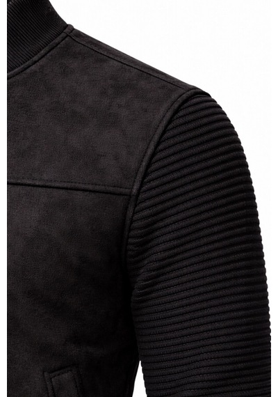 Premium Slim Fit Bomber Kolej Deri Ceket Siyah Triko Kol