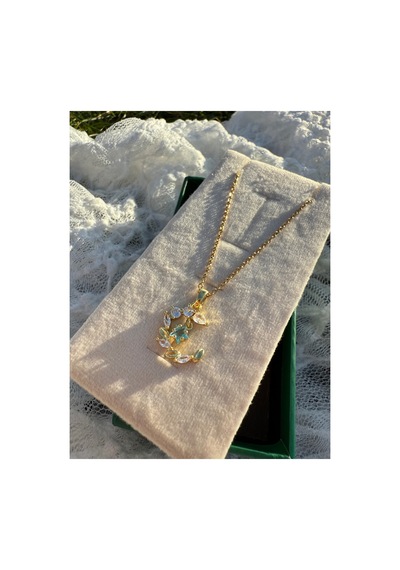 Işıltılı Taşlı Moon Floral Kolye Altın