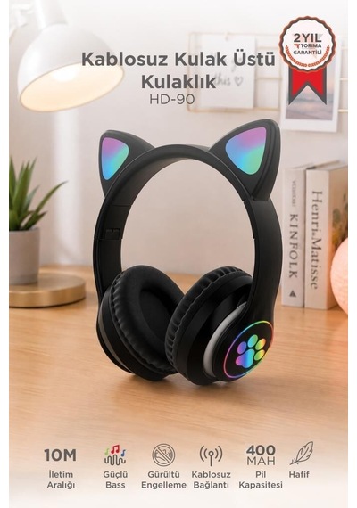 Çanta Eğitim Ders Bluetooth Kulaklık Kulak Üstü Kedi Tasarımlı Kablosuz Kulaklık Hd90 Siyah